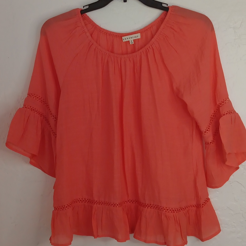 Retrelogy  Butterfly Sleeve Eyelet Orange Blouse